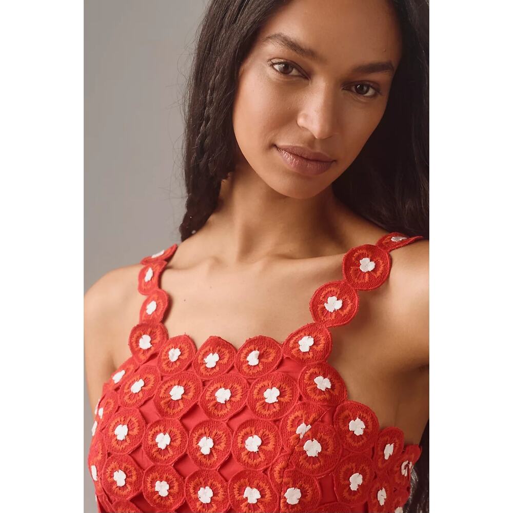 NWT Anthropologie Maeve Crochet Halter Poplin Midi Dress $228 SIZE 8 Red - Picture 2 of 5